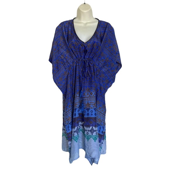 Roller Rabbit Kaftan Dress Tunic Coverup Blue Silk XS S Tassel Roberta Freymann - Picture 1 of 11